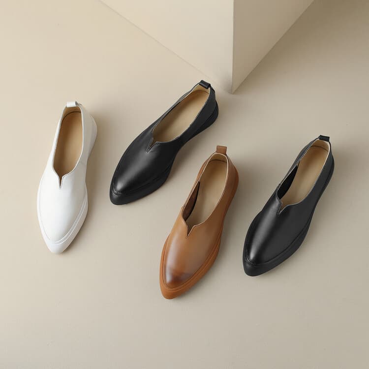 Women's summer flat soft-soled comfortable V-neck pointed toe slip-on loafers thick-soled genuine leather white shoes