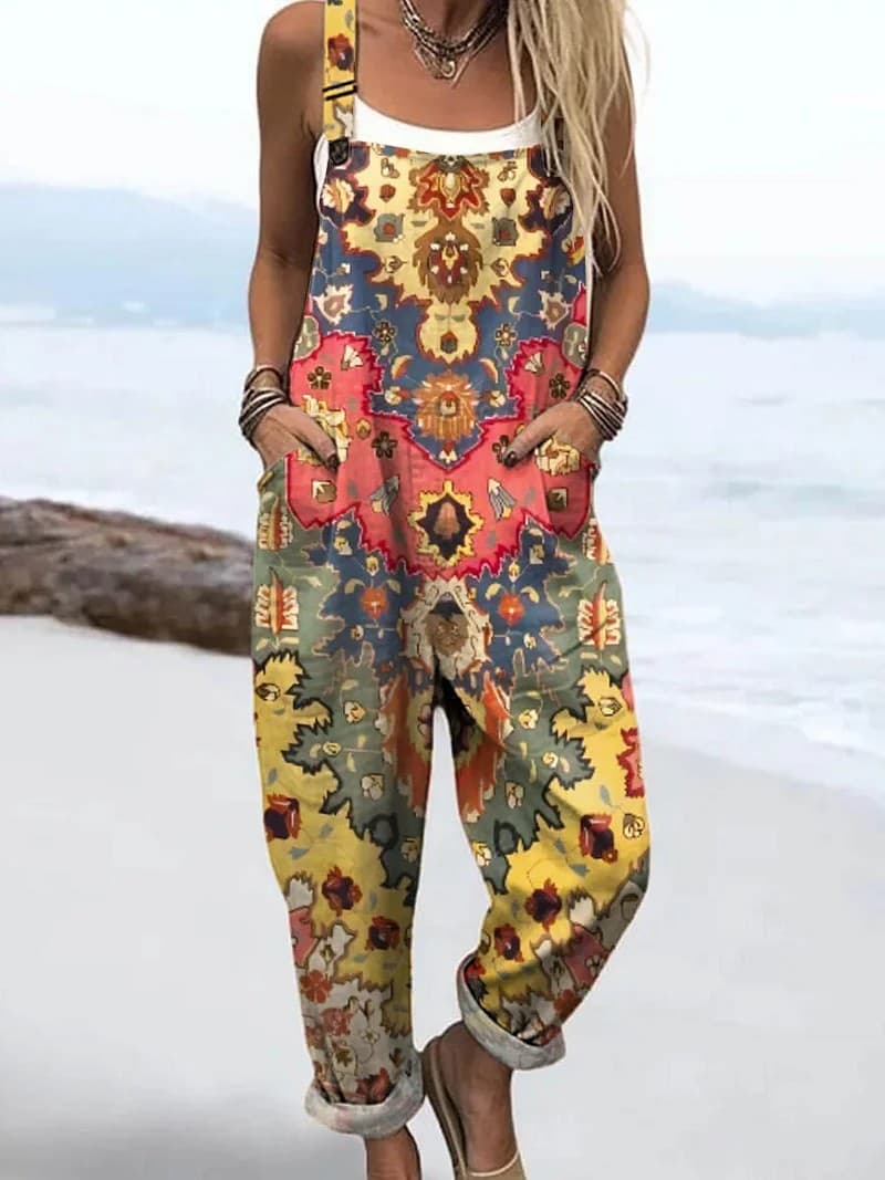 Cross-border 2025 New Women's Clothing Amazon European and American Summer Digital 3D Printed Button Overalls Casual Pants Suspender Pants