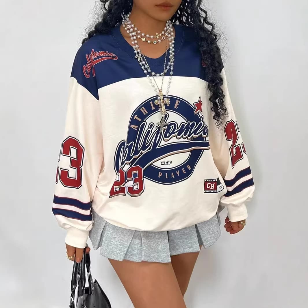 Women's Round Neck Sweatshirt Number 23 Digital Print, American Sports Long Sleeve Pullover, Plus Size