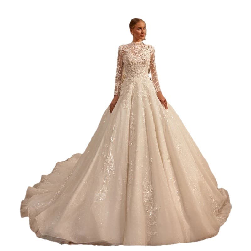 2025 New Long Sleeve Wedding Dress with High Neck, Lace, Fitted Silhouette, and Luxurious Fluffy Train