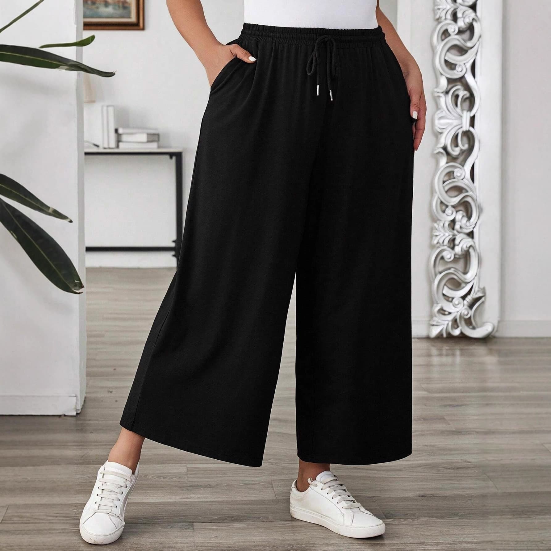 Plus-size women's European and American cross-border trade elastic waistband casual pants, solid color, versatile, high-waisted, wide-leg, cropped pants
