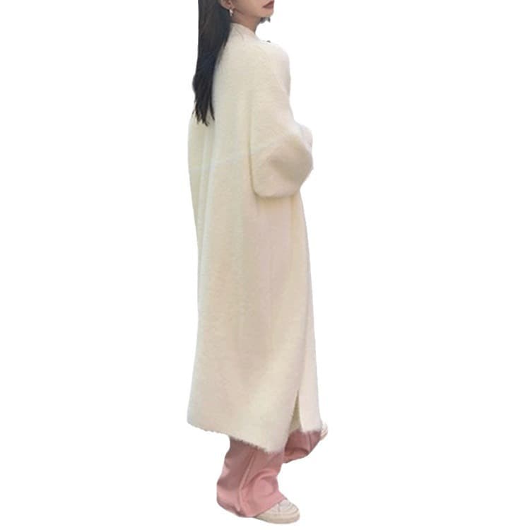 Lazy Style Longline Over-the-Knee Faux Mink Fur Cardigan for Women, Autumn/Winter, Korean-Japanese Loose Fit, V-Neck Knit Open Front