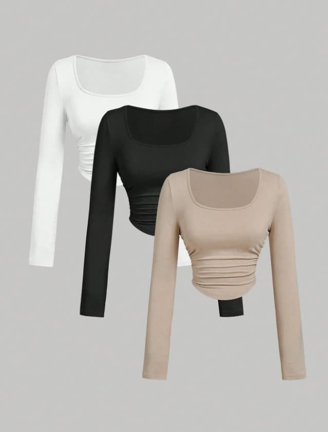 Factory Direct New Fall/Winter Cross-Border European and American Style Casual Slim Fit Solid Color Slimming Base Layer Inner Top with Square Neck Wholesale