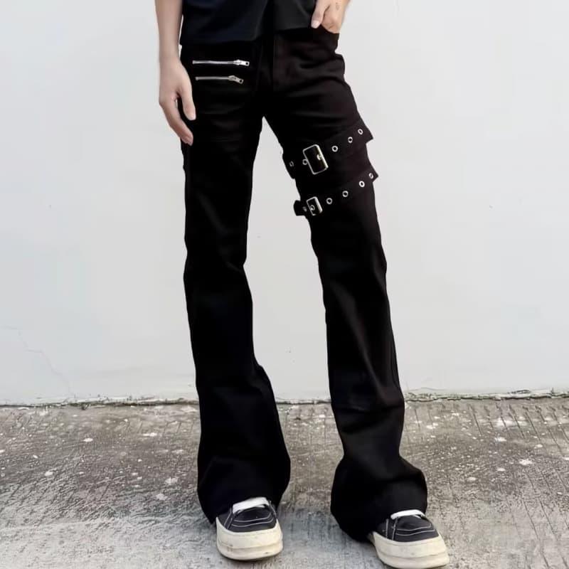 Black Vibe lace-up flared cargo jeans for men, clean fit, American high street style, slim fit, flared pants, autumn.