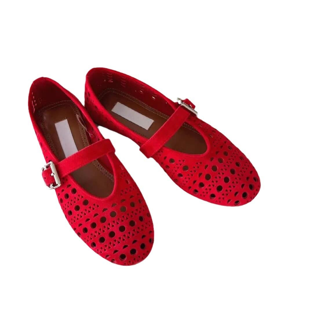 Genuine Leather Carved Hollow Shallow Red Shoes Strap Mary Jane Flat Ballet Shoes Women Summer Autumn