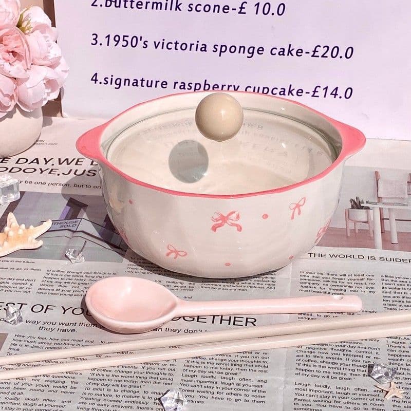 New Fairy-Style Noodle Bowl with Bow, High-Gloss Ceramic, Heat-Resistant, Premium with Lid, Girly Luosifen Bowl