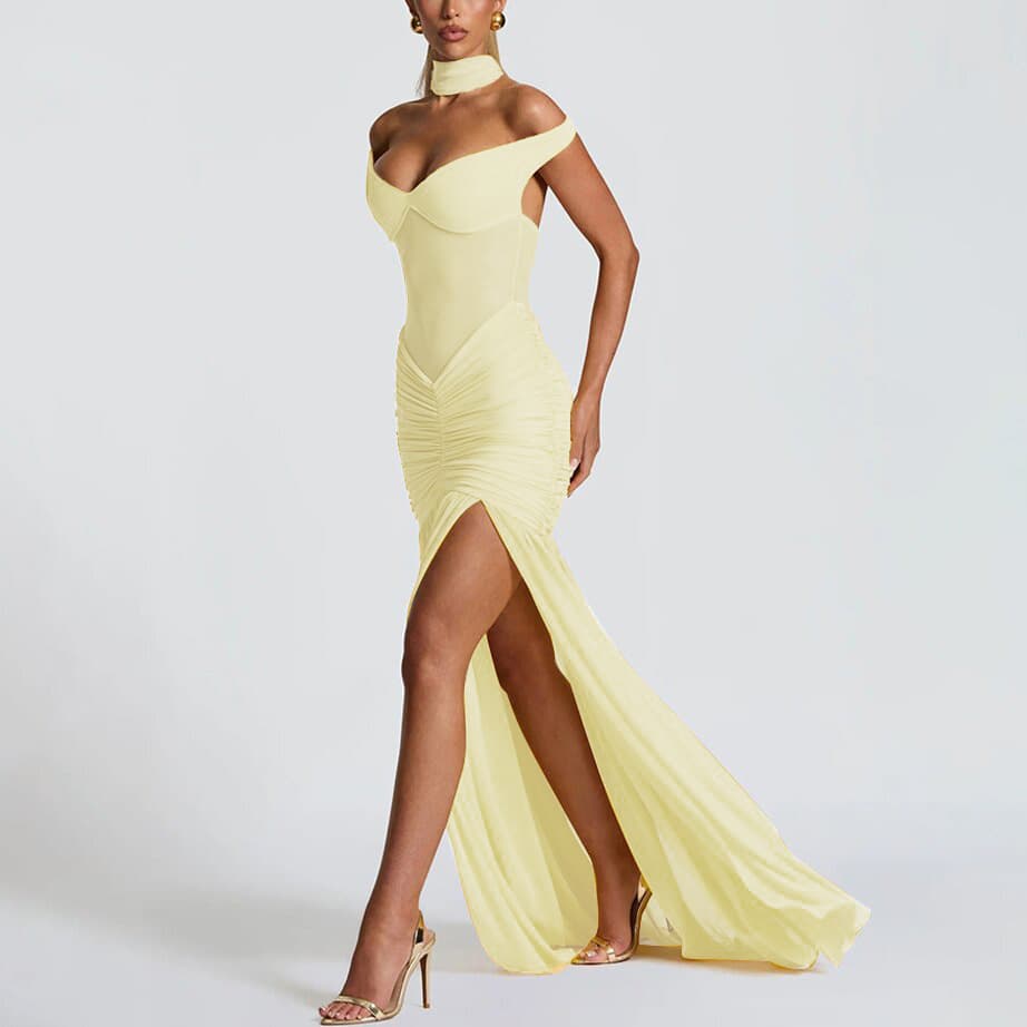 Summer Sexy Strapless Elegant Dress with Mesh Panel Shirring Split Long Dress for Women