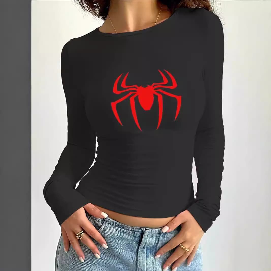 Foreign Trade European and American Style Spice Girl Spider Print Slim-fit Slimming All-match Long-sleeved T-shirt Casual Comfortable Top