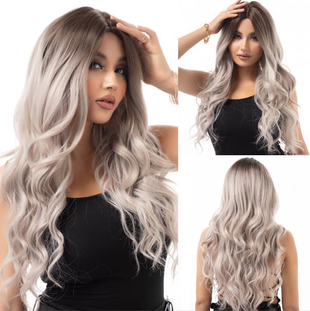 European and American cross-border light gold long curly wig with center parting and big waves, fashionable light gold synthetic fiber headgear, in stock.