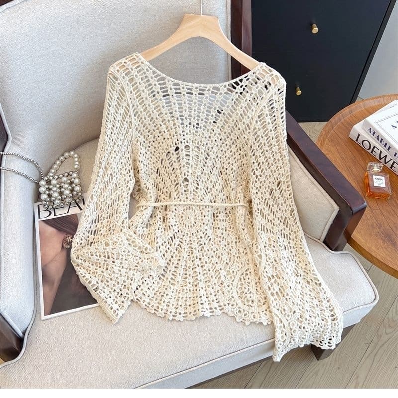 Plus-Size Women's Summer 2026 New Bohemian Hollow-Out Knit Cover-Up Dress and Slimming Set