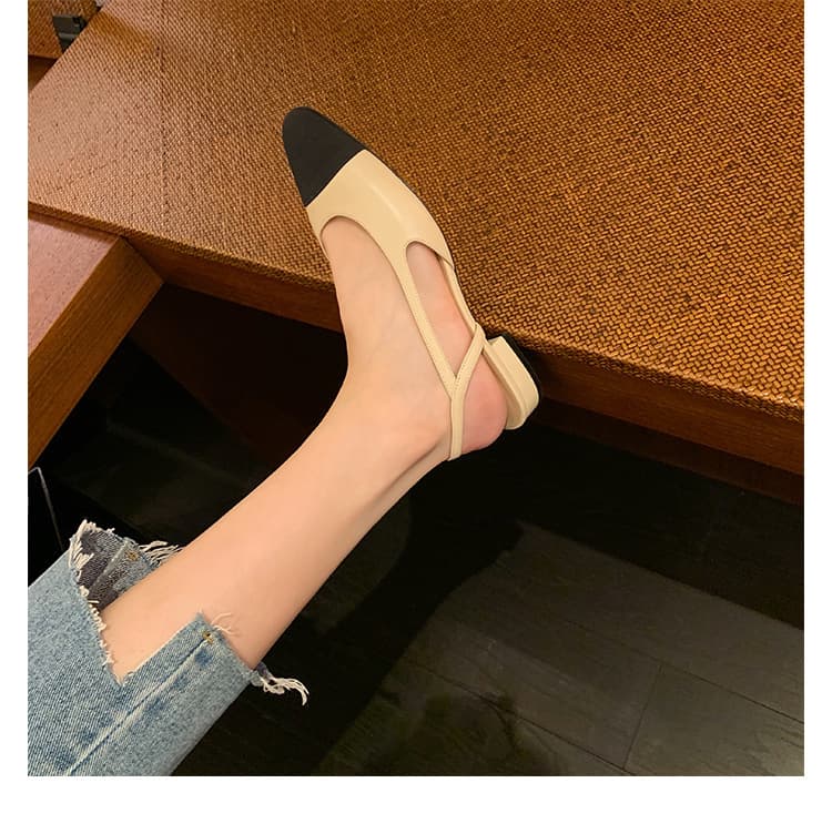 Grape Mom's style Chanel-inspired closed-toe sandals, women's summer flat shoes, chunky heel, open back, color-blocked.