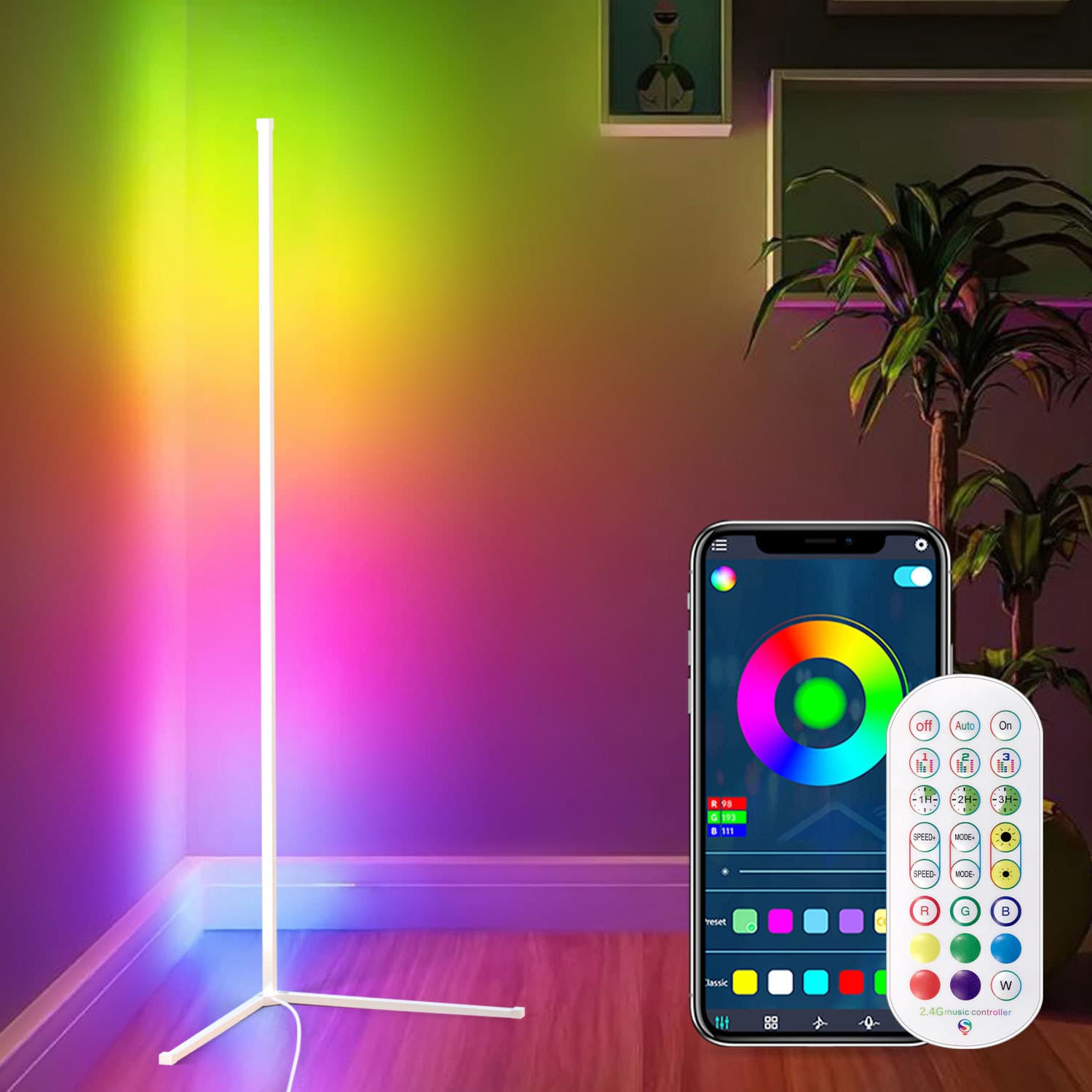 Warm white tri-color floor ambient light, Nordic creative bedroom living room Instagram-worthy corner light, remote control dimming.