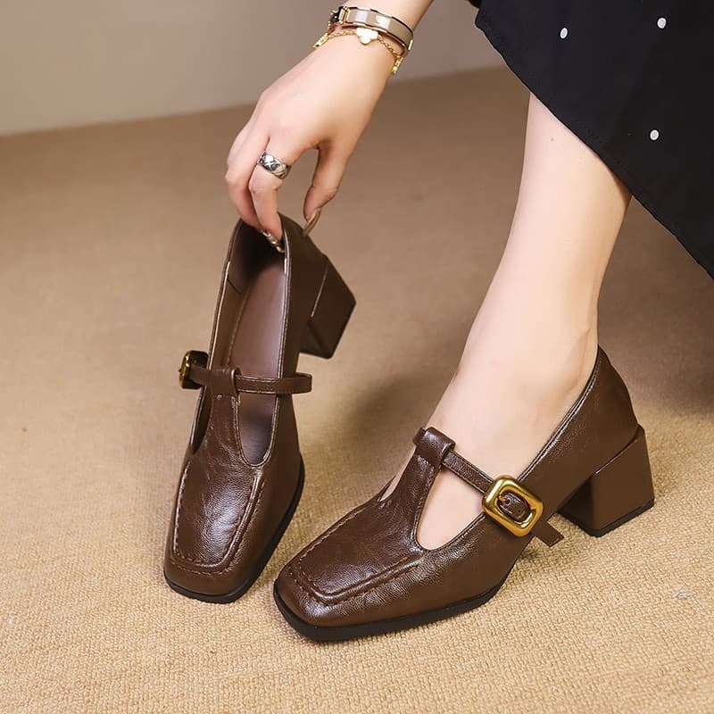French Retro Square Toe Chunky Heel Shoes Women's Spring and Autumn New Evening Style Korean Style Fairy High Heels Mary Jane Small Leather Shoes
