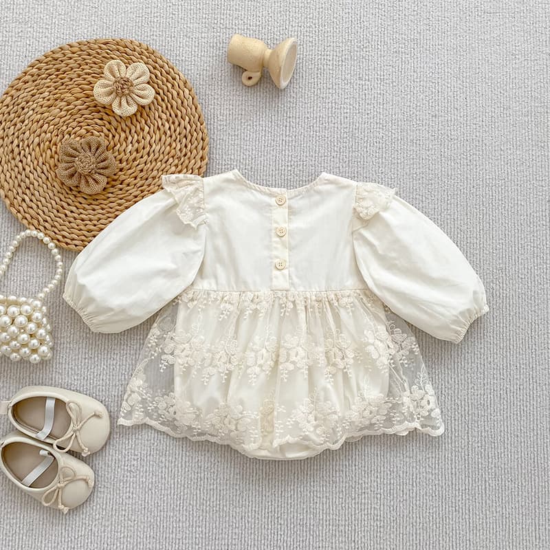 Spring New Baby Girl Lace Long Sleeve Round Neck Bodysuit Dress Korean Style Outwear