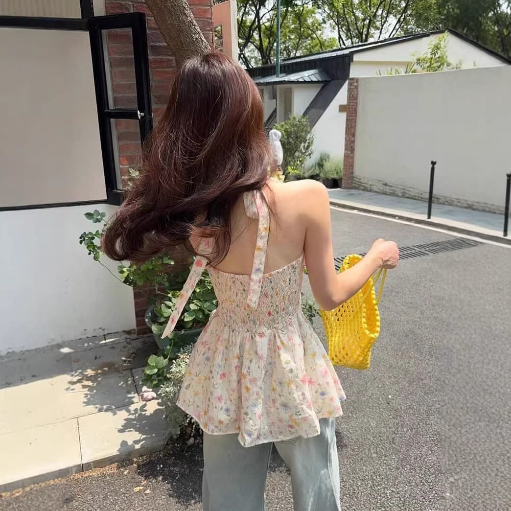 PPHOME French Vintage Floral Vest Top, Summer Chic Back Tie Top