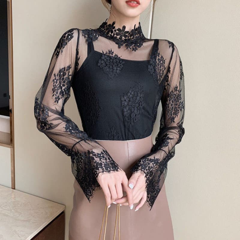 Four Seasons New Style Lace Mesh Thin Base-Layer Shirt with Vertical Collar Mesh Horn Long-Sleeved Women's Top Crochet Hollow Shirt