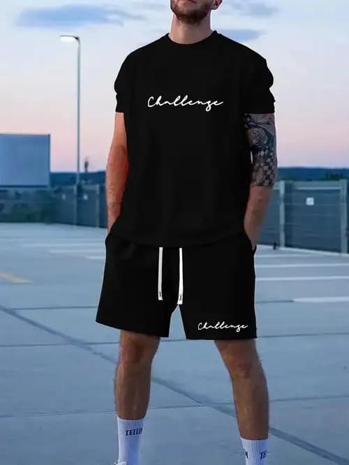 2025 New Casual Sports Short-Sleeve T-Shirt for Men, Summer New Style, Gradient Letter Crew Neck T-Shirt and Shorts Set