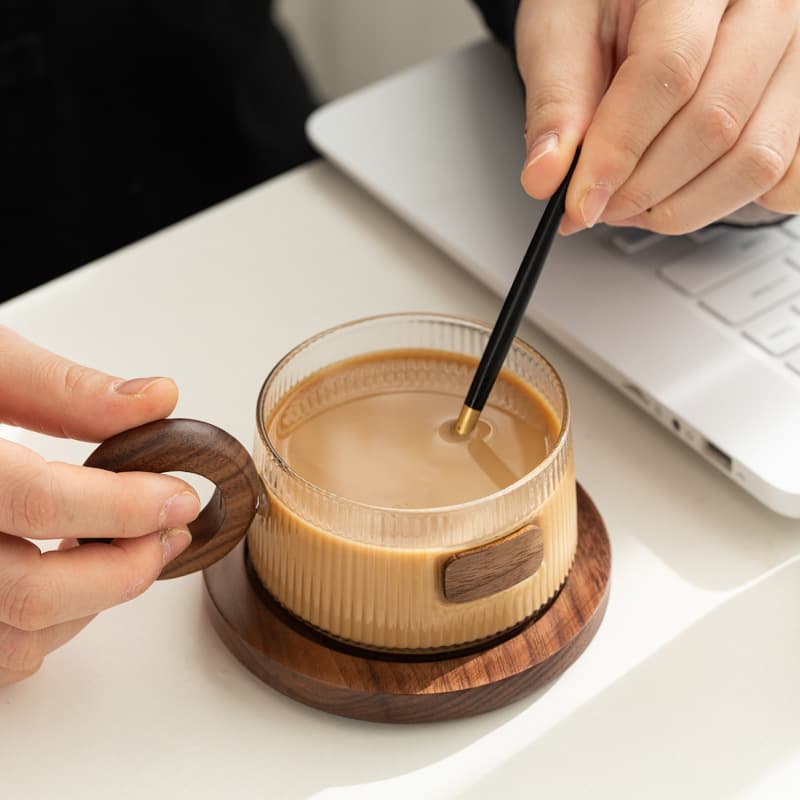 Walnut Handle Coffee Cup Set with Spoon, Anti-Scalding and Insulated Office Home Tea Cup, Solid Wood Coaster, High Borosilicate Glass