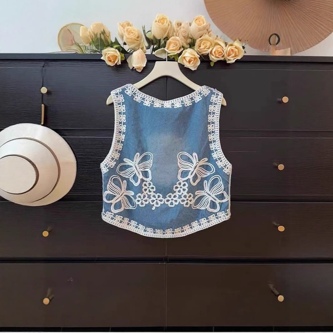 Bohemian style embroidered butterfly denim vest for women, new summer style, heavy-duty beaded sequined loose-fitting youthful top