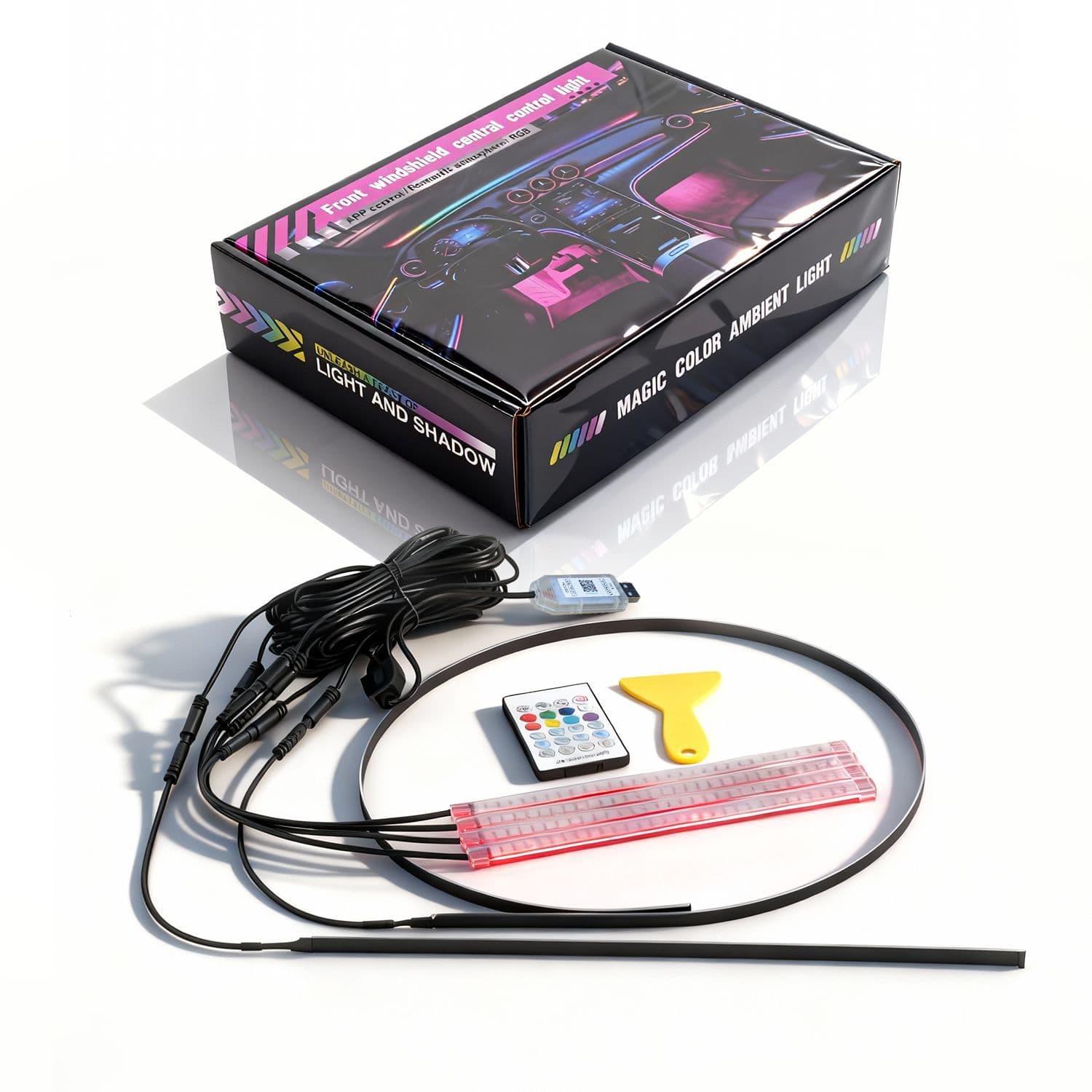 Car Interior Phantom Color LED Acrylic 6-in-1 Dashboard Ambient Light USB No-Install Flowing Decorative Light