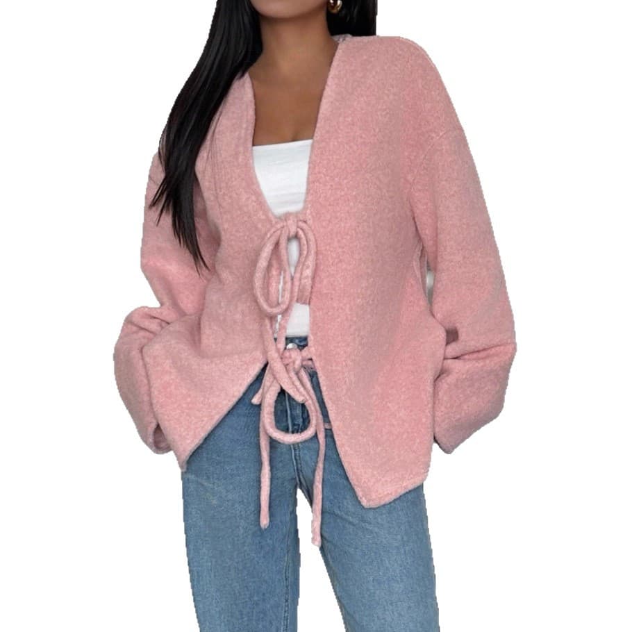 Cross-border European and American Style Autumn/Winter Women's New Tie-Front Retro Loose Casual Solid Color Versatile Long-Sleeve Coat