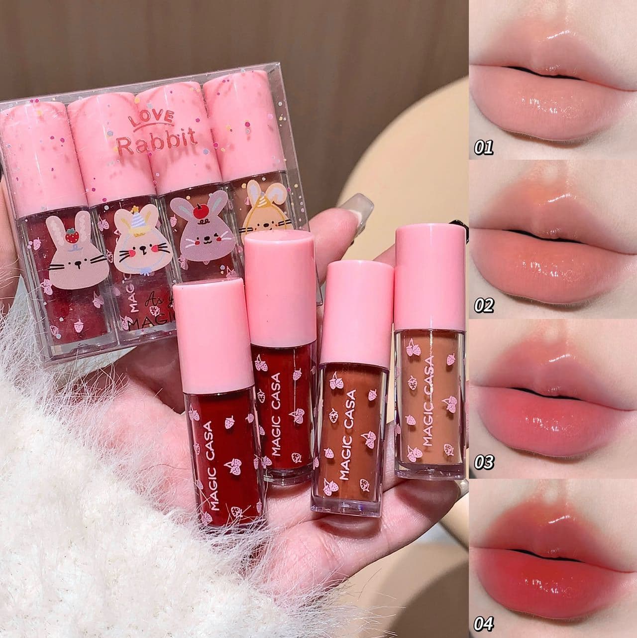 Cross-border ~ 4 Pack Mini Rabbit Water Lip Glaze Set Box Lipstick Gloss Moisturizing Lip Gloss Student Parity Makeup