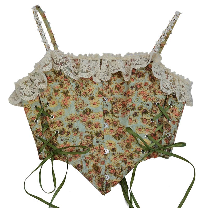 5-Button French-Style Van Gogh Sunflower Print Lace Halter Corset Outerwear Waist-Cinching Vest Court-Style Shapewear
