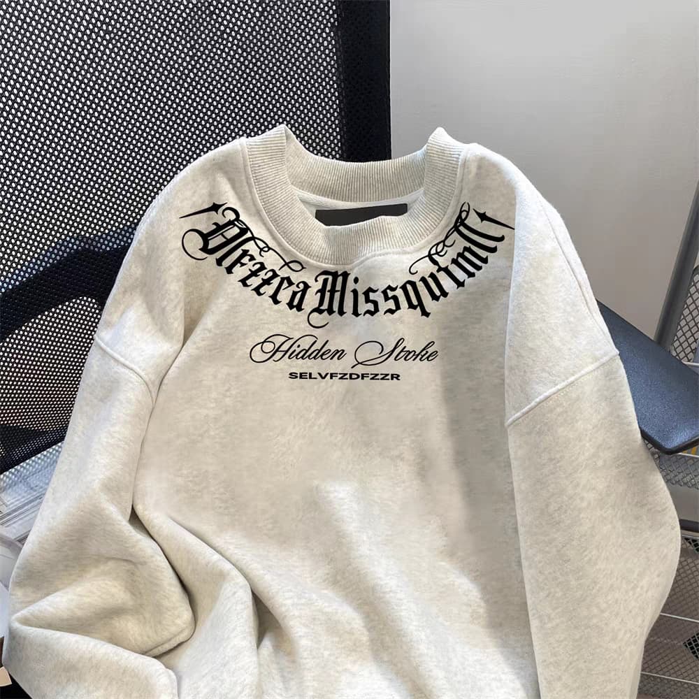 Heavyweight American retro trendy lettered hoodless sweatshirt, unisex, autumn and winter fleece-lined, versatile couple's round neck top.