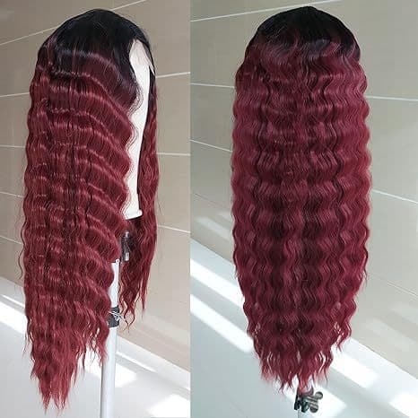 Cross-border wigs, European and American style women's synthetic fiber wigs, black center-parted long curly wigs with small lace, deep wave wigs.