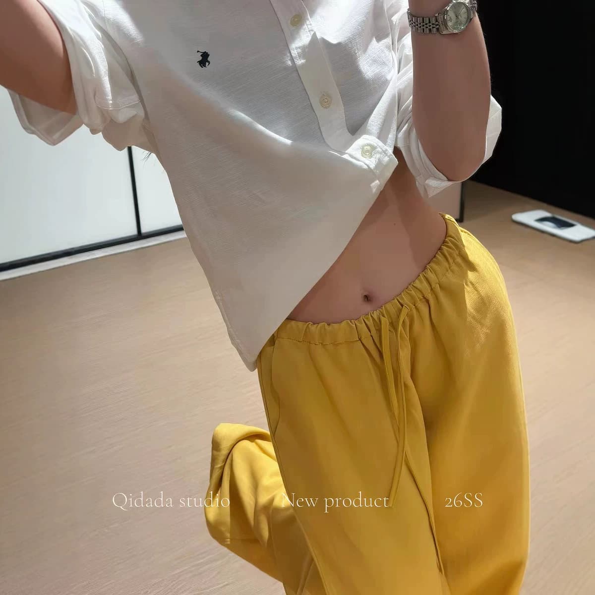 Yellow Relaxed Fit Linen-Cotton Straight Leg Pants for Women, Summer 2026 New High-Waist Breathable Casual Trousers