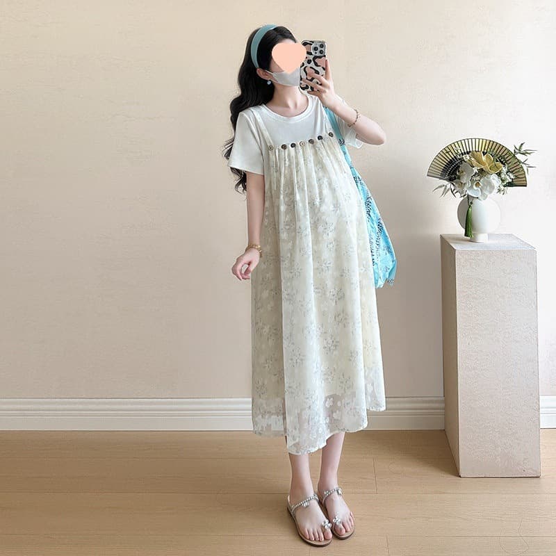 Summer Maternity Dress for Trendy Moms, New Style, Slimming Faux Two-Piece Suspenders Dress, Loose Fit to Conceal Belly