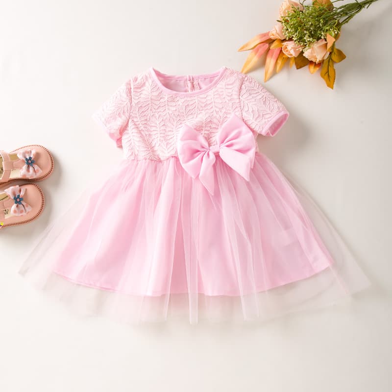 New girls' short-sleeved versatile dress, solid color, trendy bow set, spring and autumn knitted princess dress, fashionable.