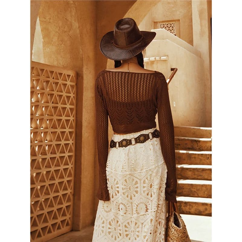 "Late Camellia" Retro Hot Girl Style Ultra Short Hollow Lace-up Dali Travel Knitted Cardigan Women's Spring and Summer