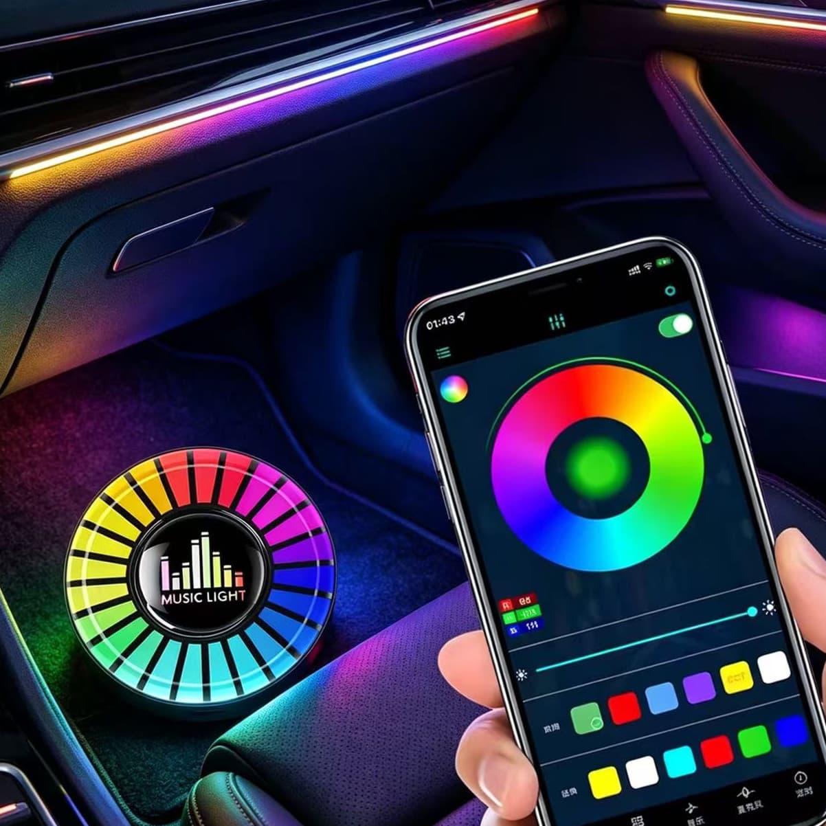 Car vent APP music ambient lighting with 258 modes, in-car aromatherapy, voice-activated music rhythm lighting