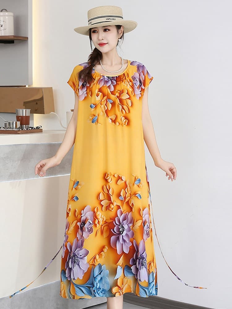 Middle-Aged Mother's Cotton Silk Dress Summer New Short Sleeve Elegant High-End Dress