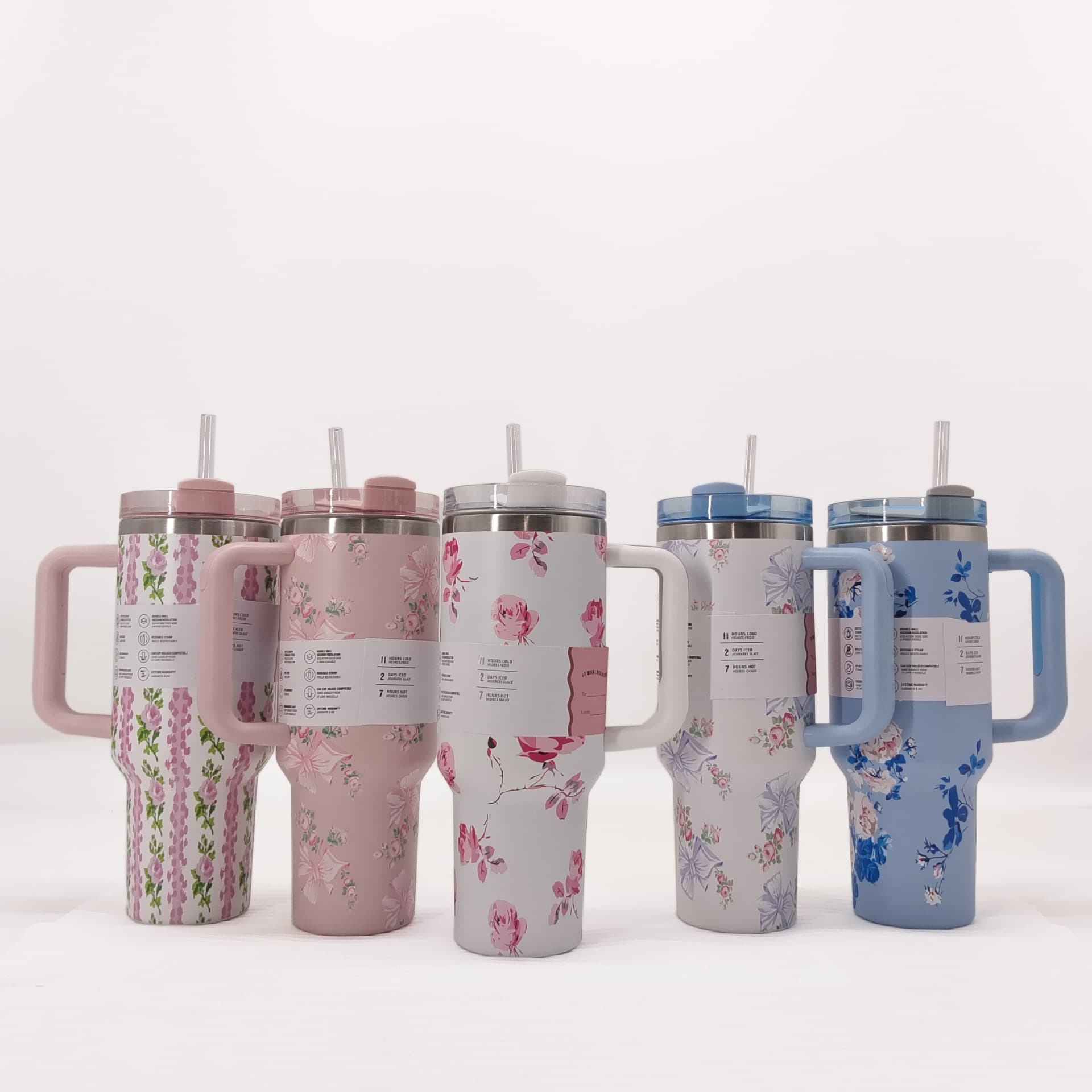 Cross-border 40oz Floral Car Cup 304 Double-layer Stainless Steel Insulated Cup Large Capacity with Handle Car Ice Tumbler