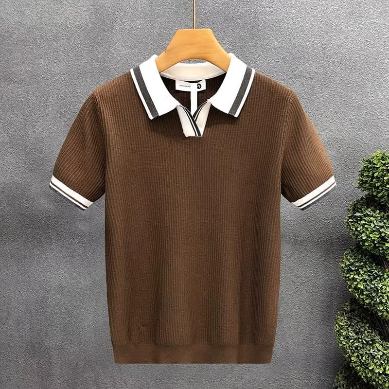 Polo Knit Short Sleeve Men Seagull Collar V-Neck Textured Color Block Old Money Style T-Shirt Summer Cross-Border Factory Wholesale