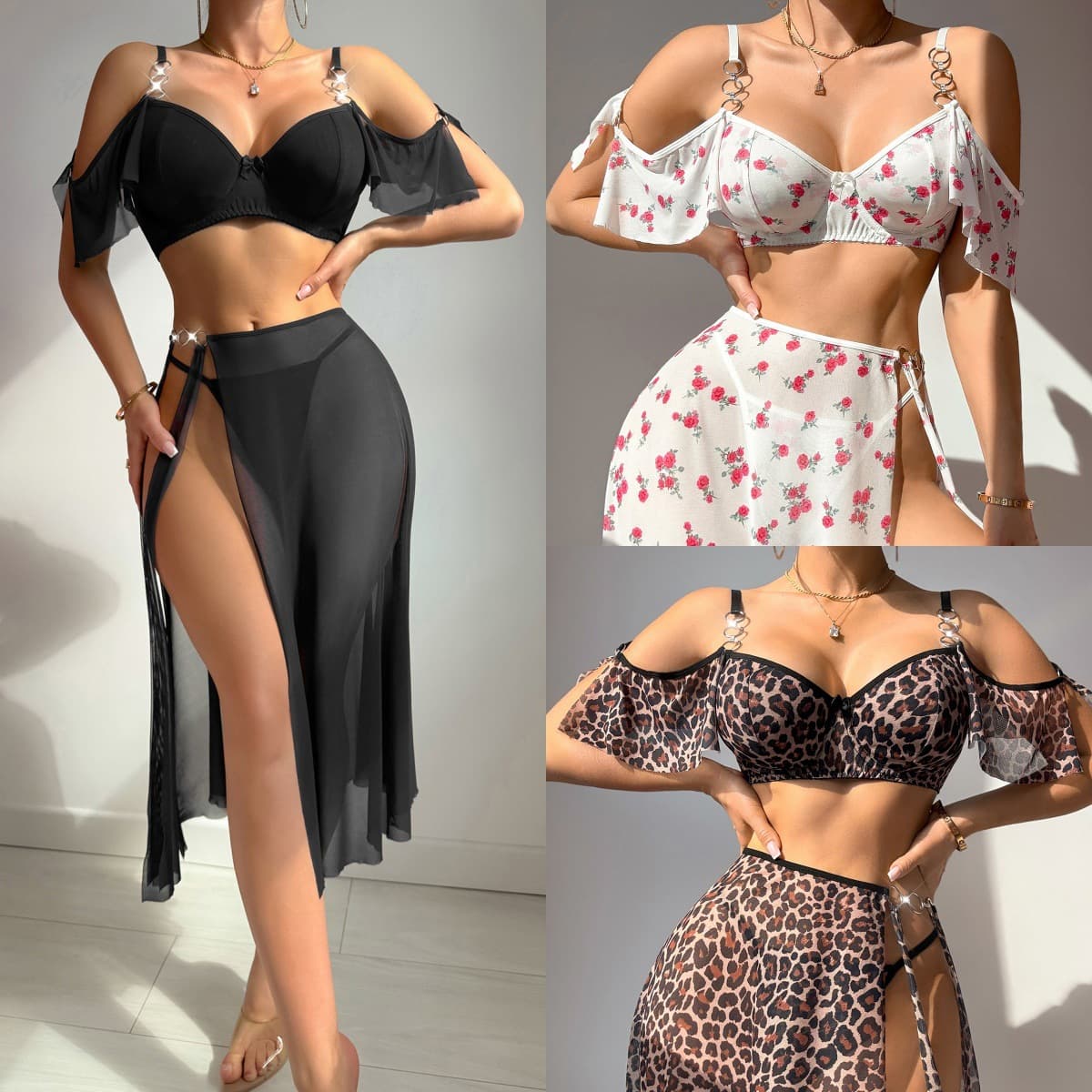 Mesh Leopard Print Slit Long Dress Lingerie Set