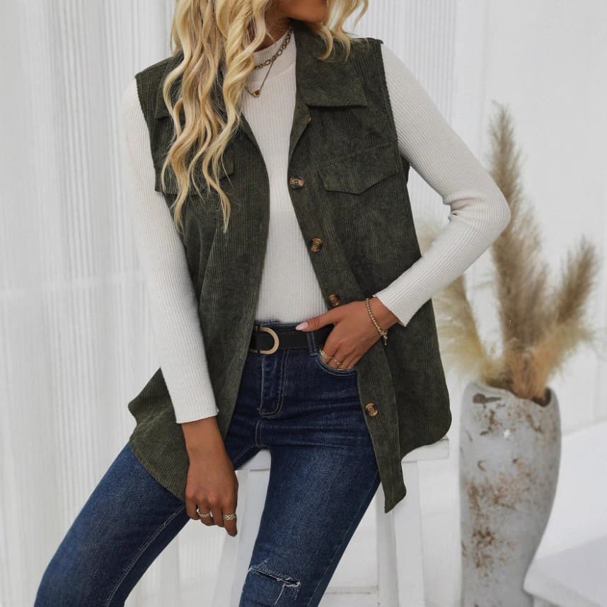 2025 Hot Sale Fashion Casual Commuter Four Seasons Vest Flap Detail Button Corduroy Sleeveless Jacket