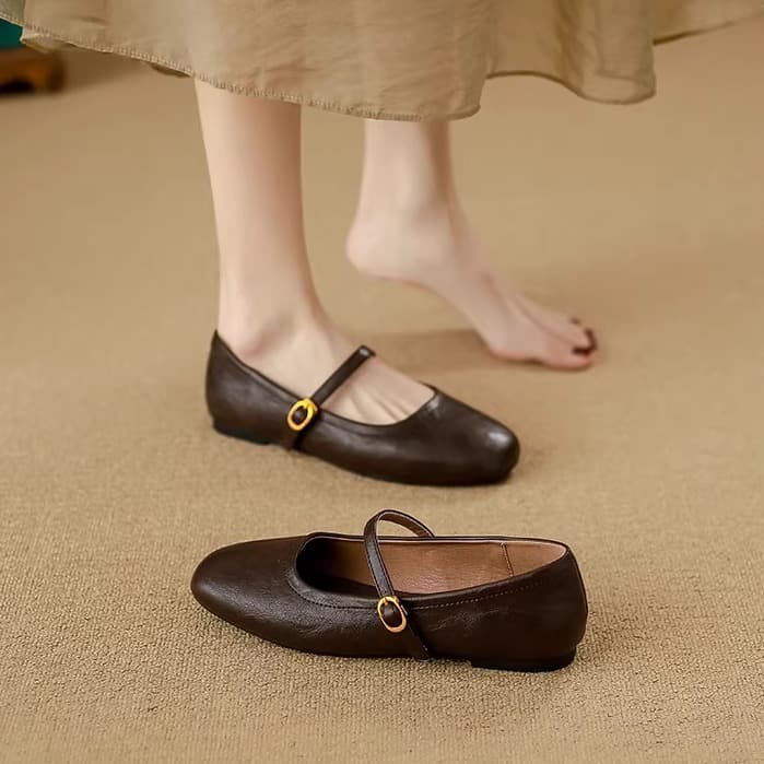 Sheepskin Version~Brown Soft-Soled Mary Jane Shoes for Women, 2026 Summer New Style, Flat Shallow-Mouthed Single Shoes with a Single Strap, Suitable for Pairing with Skirts