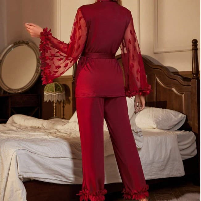 Cross-border trade, new European and American style sexy lingerie set, mesh bell sleeve faux silk loungewear.