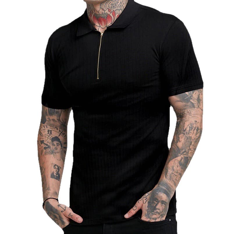 European and American Cross-border Trade Wish Men's Summer Sports Fitness Casual Zippered Stretch Vertical Striped Short Sleeve Polo Shirt