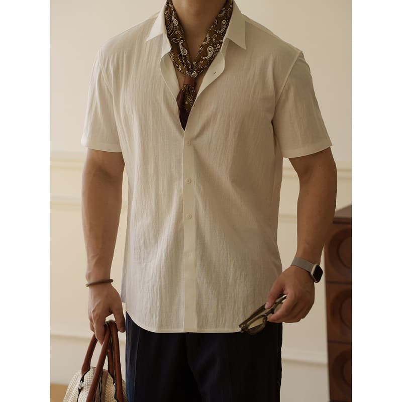 American-Style Linen-Cotton Brocade Texture Shirt for Men, 2025 Summer, Small V-Neck, Breathable Casual Turn-Down Collar New Model Shirt