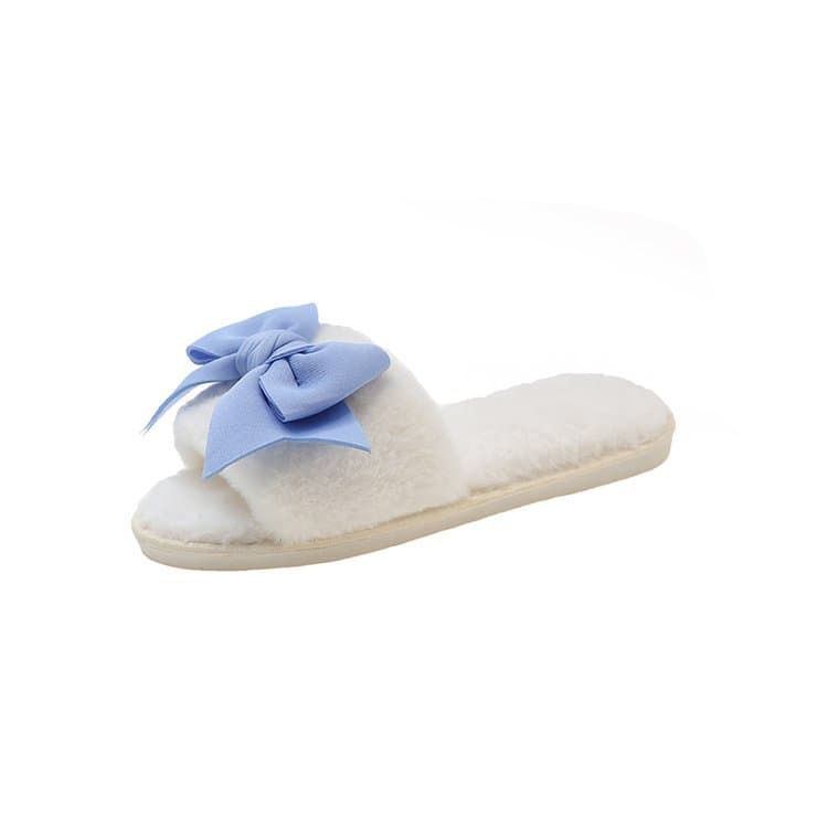 2025 Autumn and Winter New Color-Blocked Bow Plush Slippers for Women, Trendy and Fashionable Daily Soft-Soled Low-Heeled Furry Slippers Wholesale