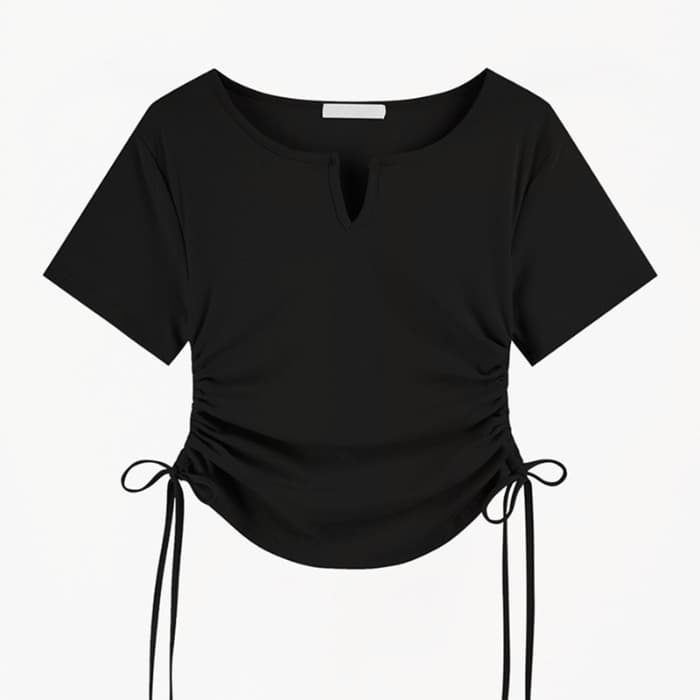 Design Sense V-neck Drawstring Slim-fit Pure Short-sleeved T-shirt Women's 2025 Summer New Solid Color Top Trendy