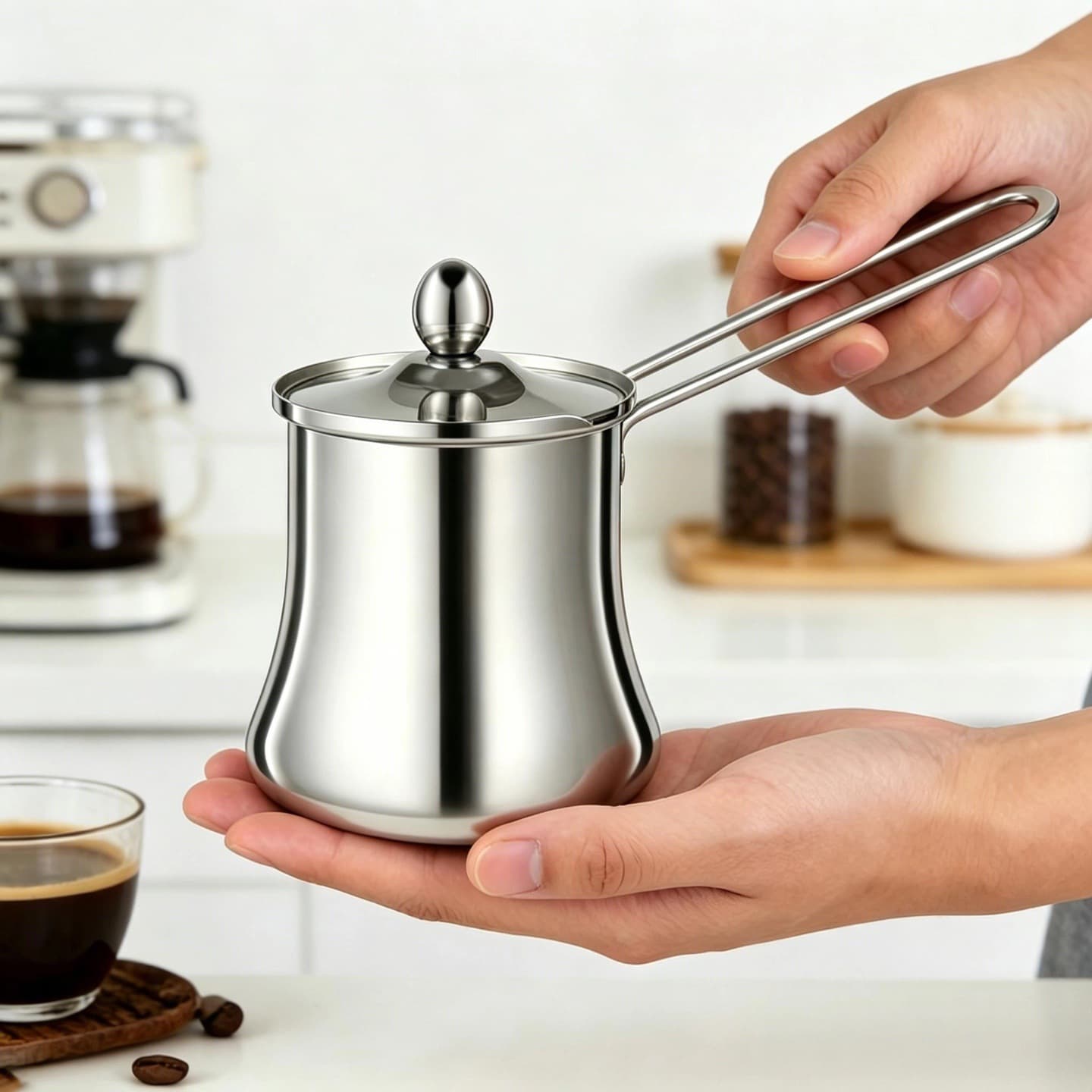 Turkish Thickened Stainless Steel Steel Handle Milk Cup with Lid, Long Handle Anti-Overflow Coffee Pot, Milk Pot, Outdoor Kettle