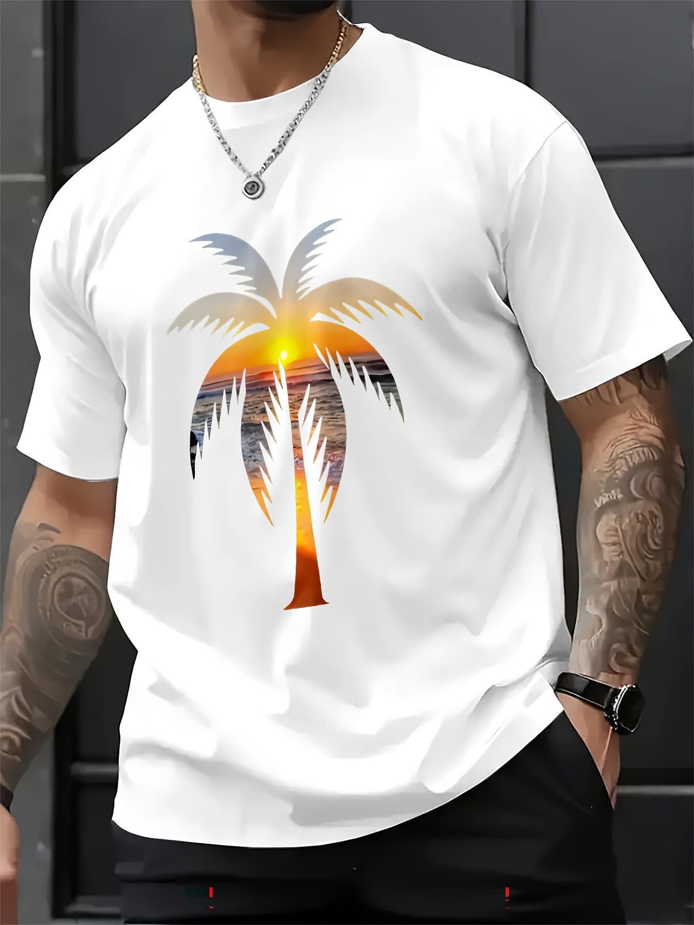 Summer Men's Fashionable Casual Novel Design Landscape Coconut Tree Cross-border European and American Style Round Neck Casual Short Sleeve T-Shirt