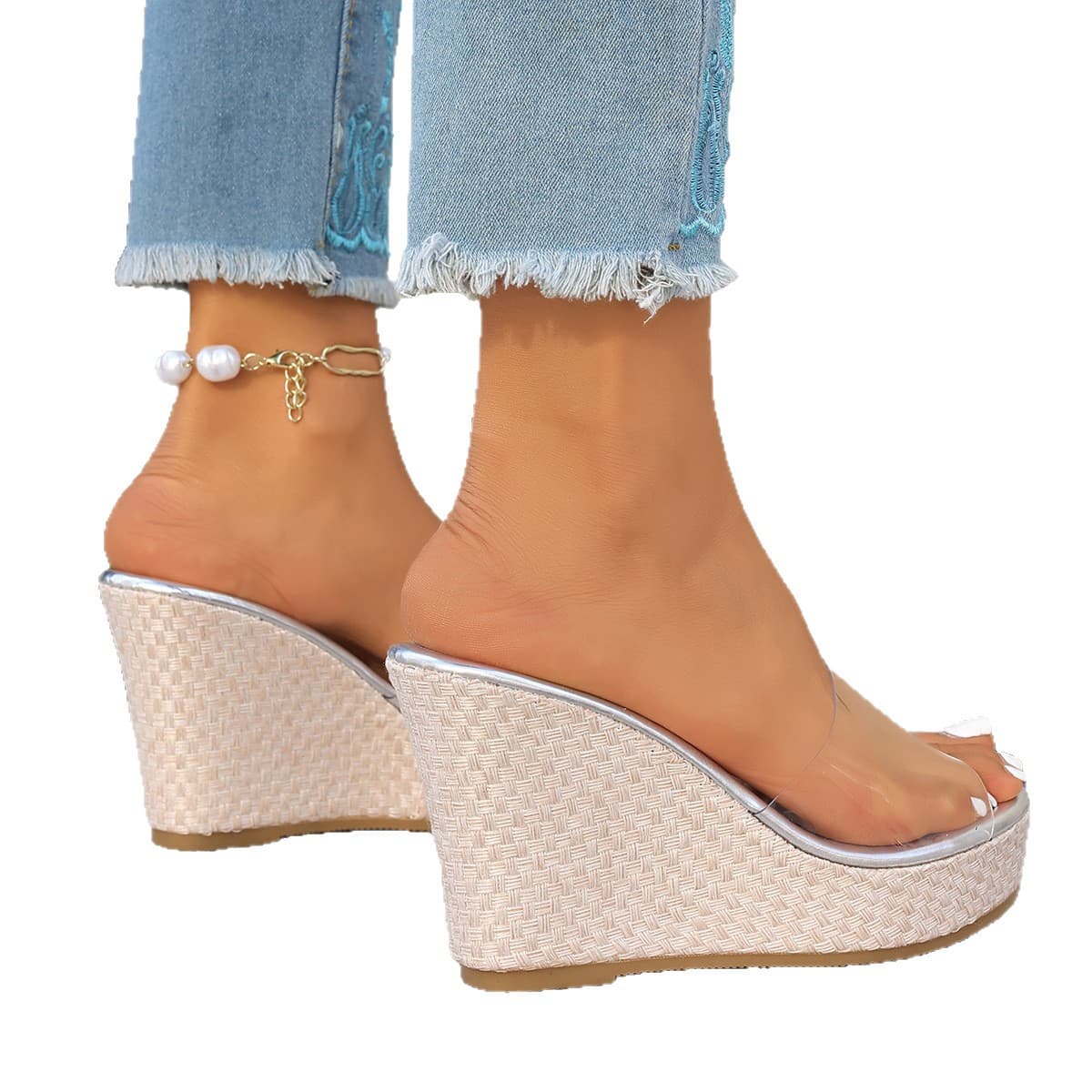 Casual Wedge Slides Women 2026 New Fashion European American Style Transparent One Strap Thick Sole Platform Slides
