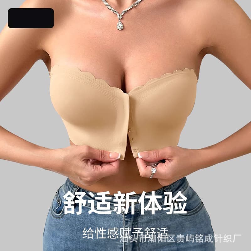 Plus Size Front Closure Bra Thin Padded Push Up Small Bust Bandeau Invisible Transparent Strapless Tube Top One Piece Bra for Women