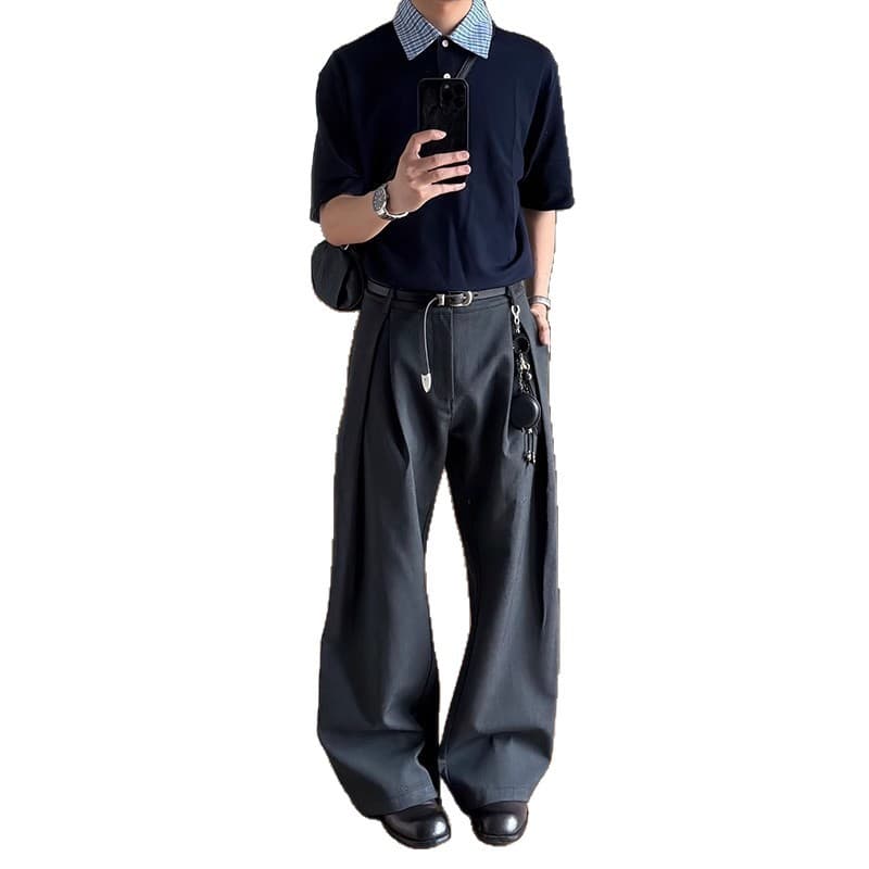 I-pleated A-line wide-leg dress pants for men, spring/fall American-style rugged curved-leg trousers, cleanfit casual long pants